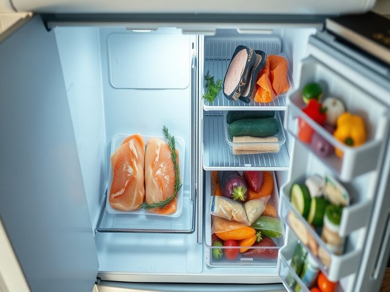 Overhead view of an organized refrigerator with minimal fresh items next to a well-stocked freezer, illustrating the