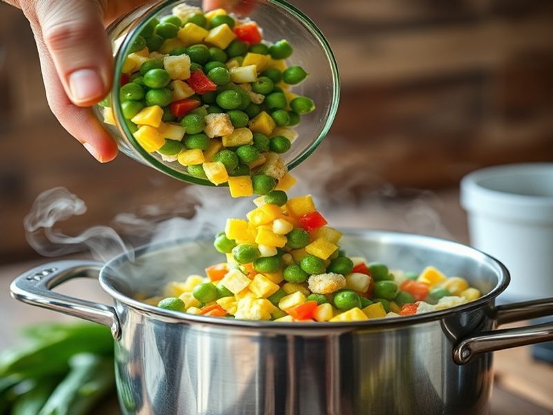 Pouring vibrant flash-frozen vegetables into a pot for nutritious cooking.