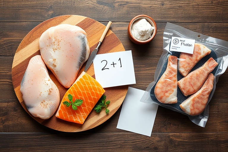 Overhead view of two fresh proteins and one frozen protein on a wooden board, representing the core of the 2+1 meal planning strategy.