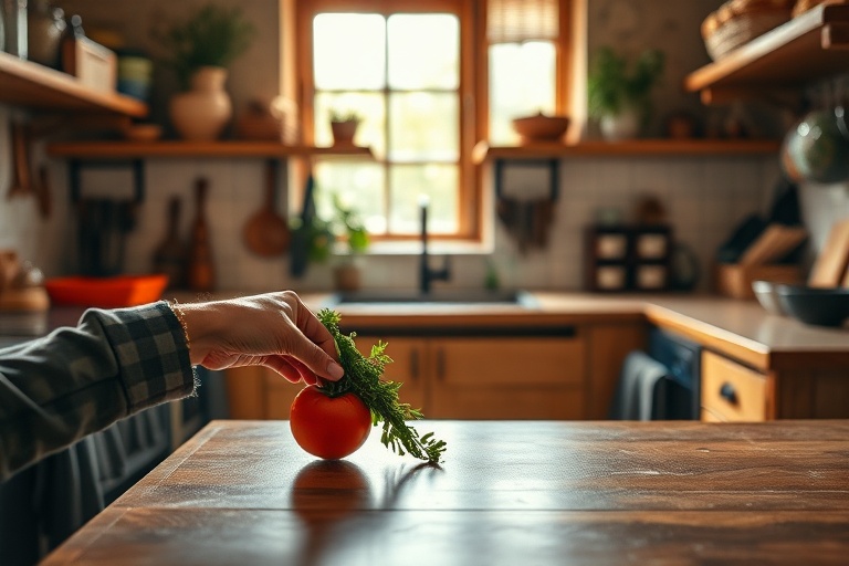A hand placing a fresh ingredient on a clean kitchen counter, symbolizing the start of effortless habit-based cooking.