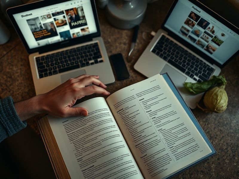 Evening scene depicting decision fatigue with a complex cookbook, laptop, and wilted vegetable on a kitchen counter.