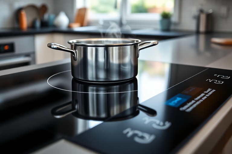 Close-up of an induction cooktop with a pot heating efficiently