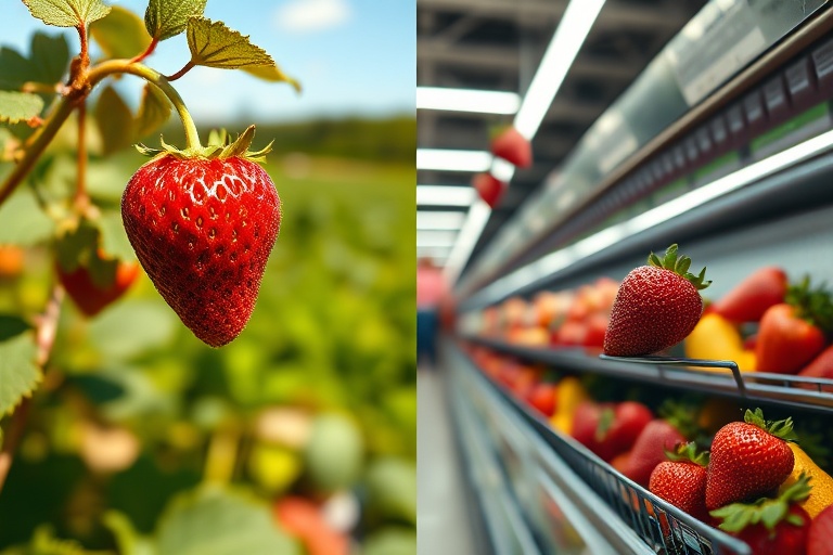 Split image showing a fresh strawberry in a field next to a less vibrant one in a store, illustrating post-harvest loss