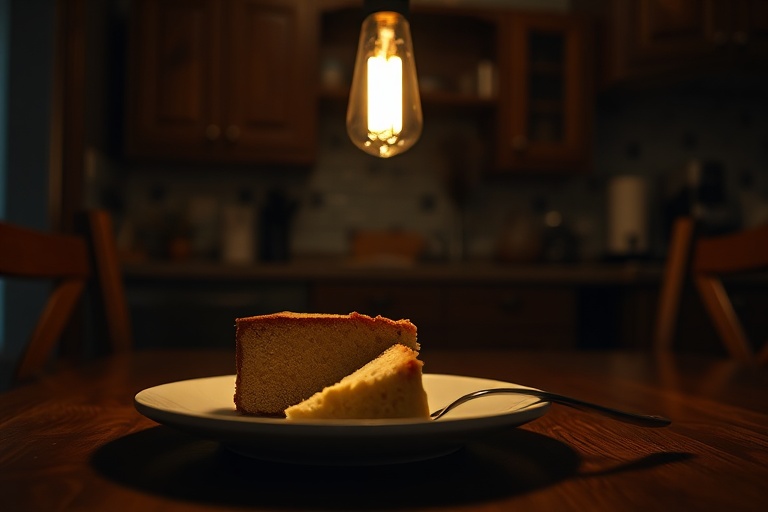 A slice of cake illuminated by warm, dim lighting on a rustic table, showing how lighting can enhance the perception of sweetness.