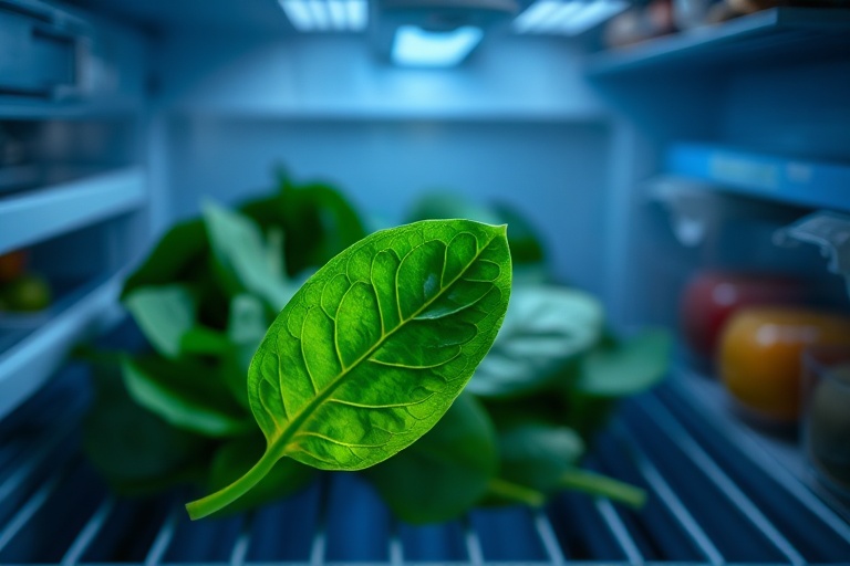 A symbolic shot of spinach losing its vibrant color inside a refrigerator, representing the nutrient loss over time.