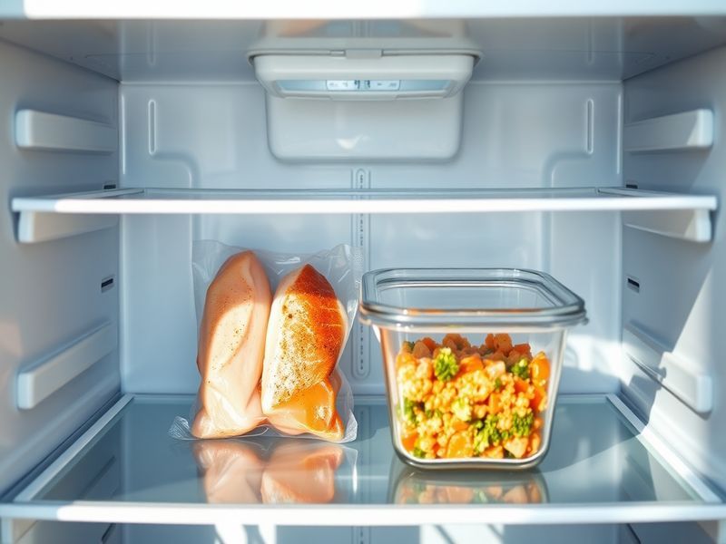 An organized refrigerator shelf showcasing the 2+1 Strategy with fresh and freezer proteins.