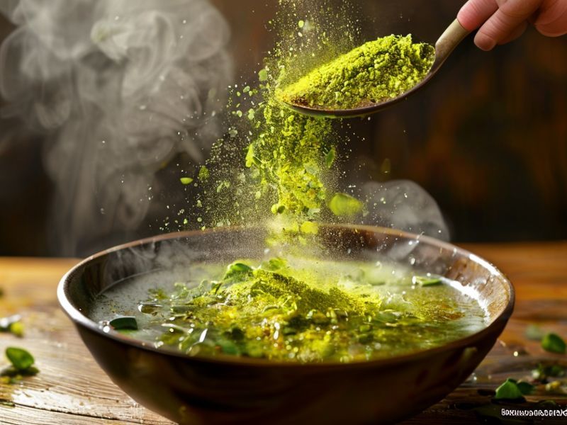 A hand adding green nutrient powder to a bowl of soup in a rustic kitchen setting.