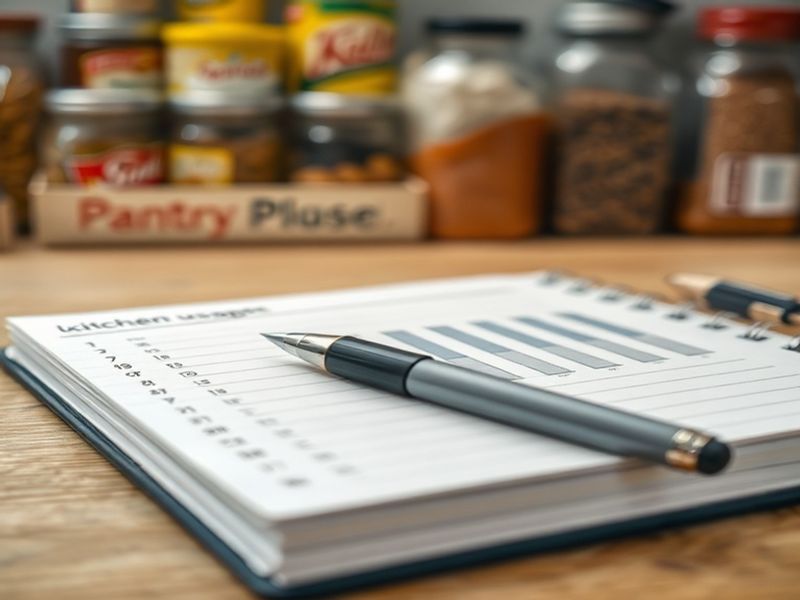 Close-up of a handwritten tracking chart in a notebook, used for monitoring kitchen inventory.