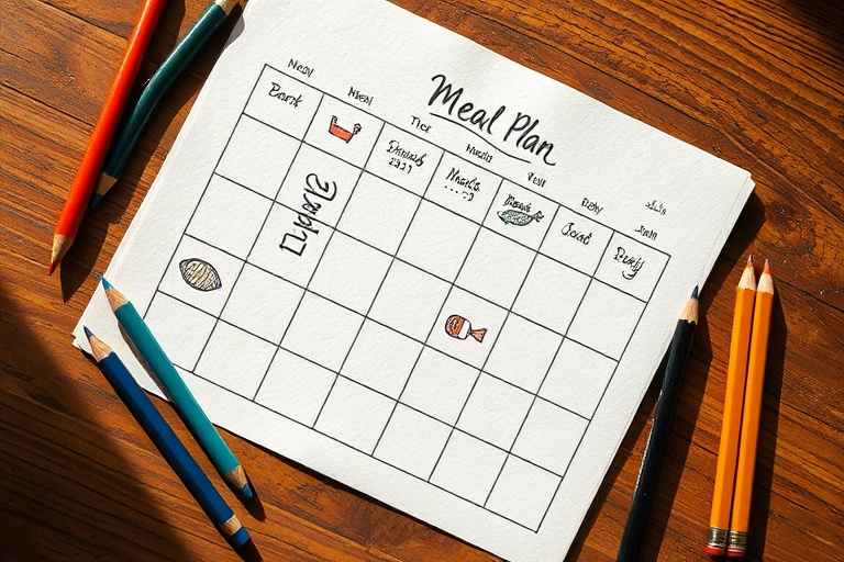 Overhead view of a hand-drawn weekly meal plan calendar with food icons on paper