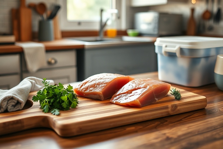 Fresh proteins and a freezer container on a warm kitchen counter illustrating the 2+1 meal-planning strategy.
