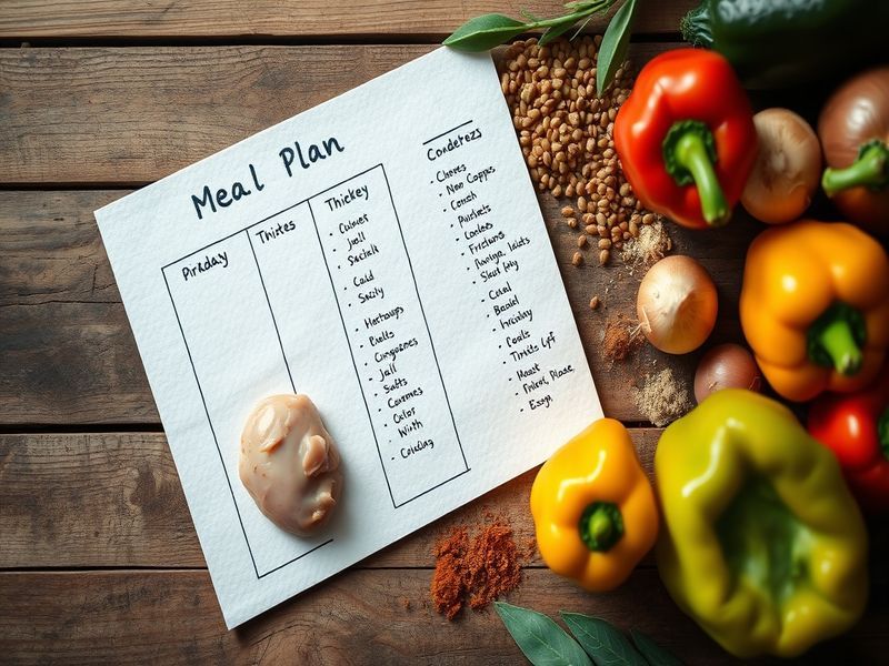 Close-up of a handwritten weekly meal plan next to fresh chicken and lentils, showcasing strategic meal planning.