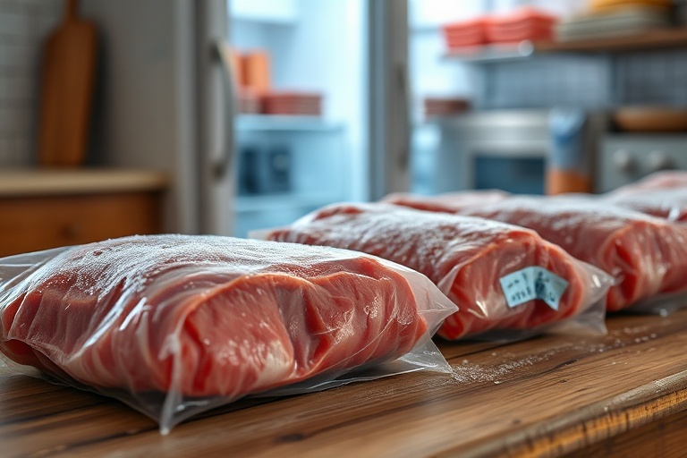 Frost-covered vacuum-sealed meat portions on a wooden kitchen counter beside an open freezer, illustrating freezer degradation and slow chemical burn during frozen storage.