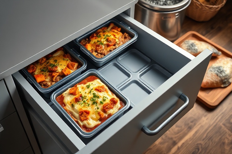 Freezer drawer with unmarked meal-prep containers and fresh proteins illustrating strategic freezer-breaker meal planning