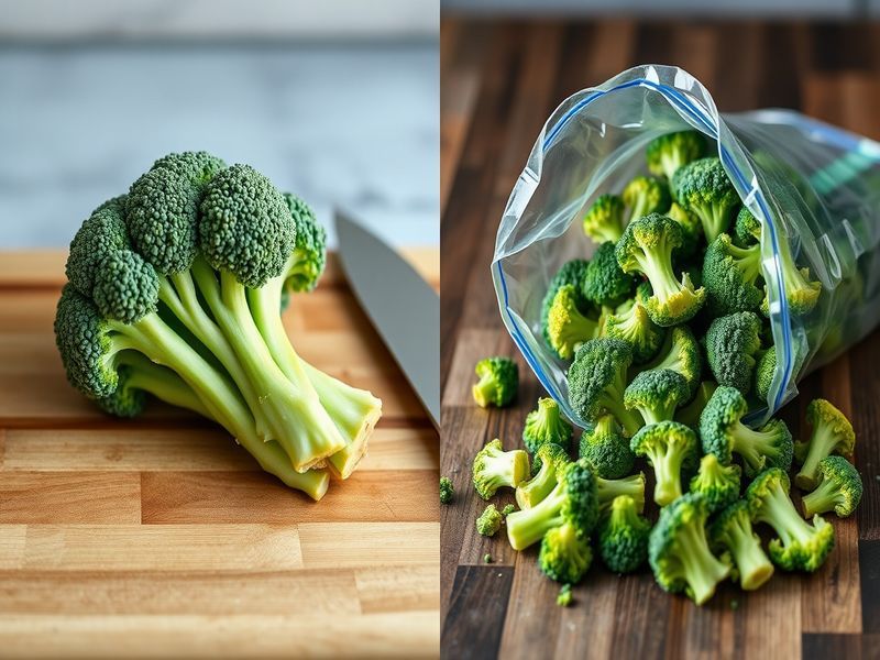 Side-by-side comparison of wilted fresh broccoli and vibrant flash-frozen broccoli florets on a wooden cutting board.