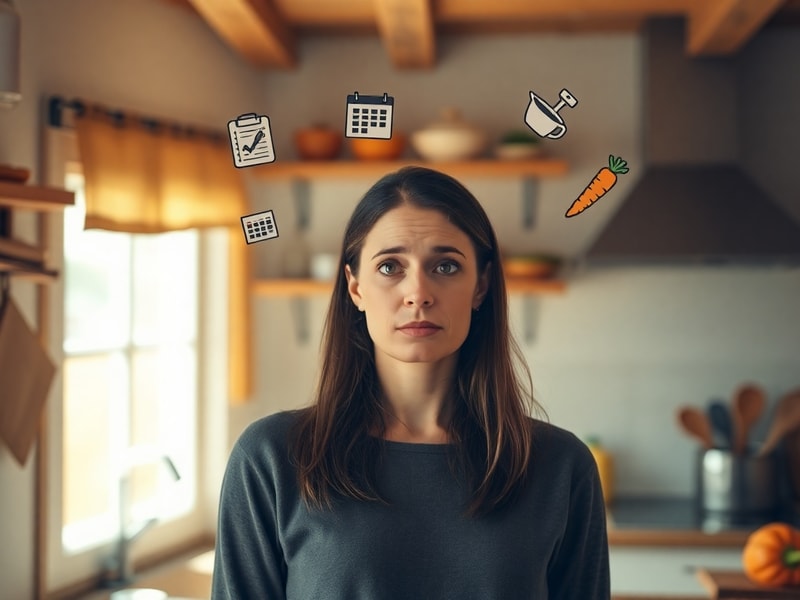 Woman in kitchen with a visual representation of the cognitive load of meal planning floating around her