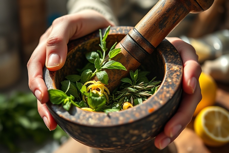 Close-up of hands crushing fresh herbs and citrus in a mortar, highlighting the power of aromas in cooking.