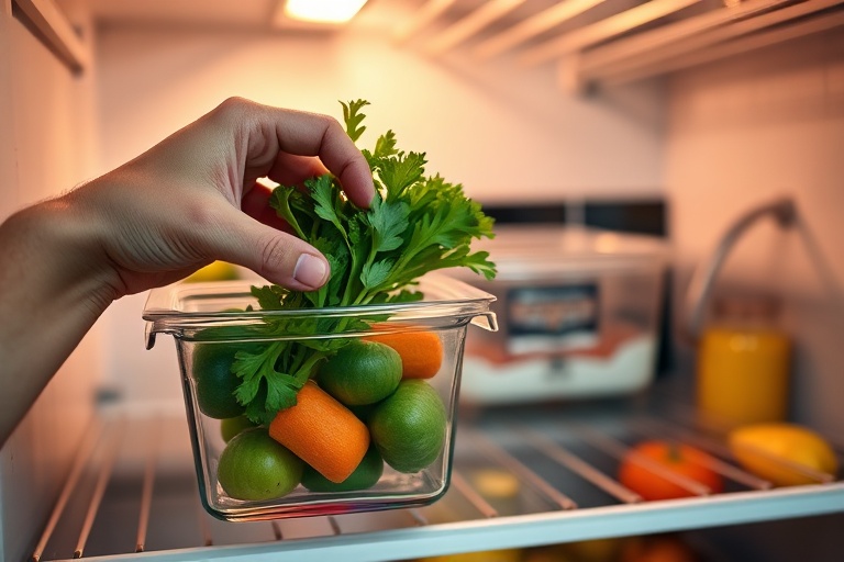 Close-up of hands practicing food rotation by storing fresh produce and using older items first in a refrigerator.