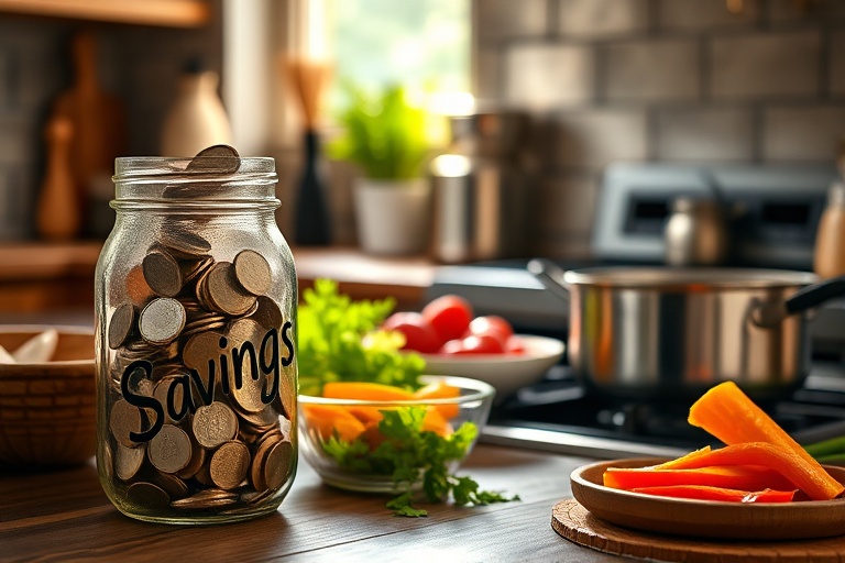 A rustic kitchen scene with meal prep ingredients and a savings jar, representing the financial and sustainable benefits of a circular kitchen.