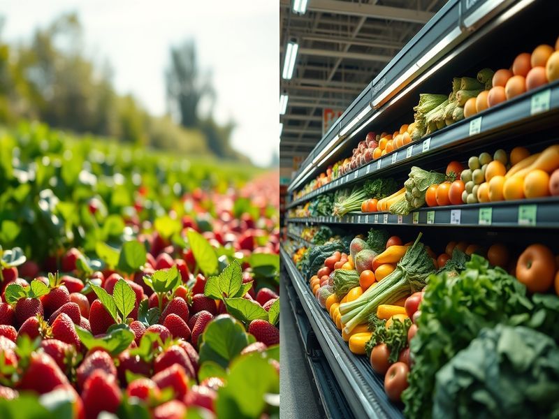 Split-screen visual comparing freshly harvested produce to the same items on a supermarket shelf, depicting nutrient loss over time.