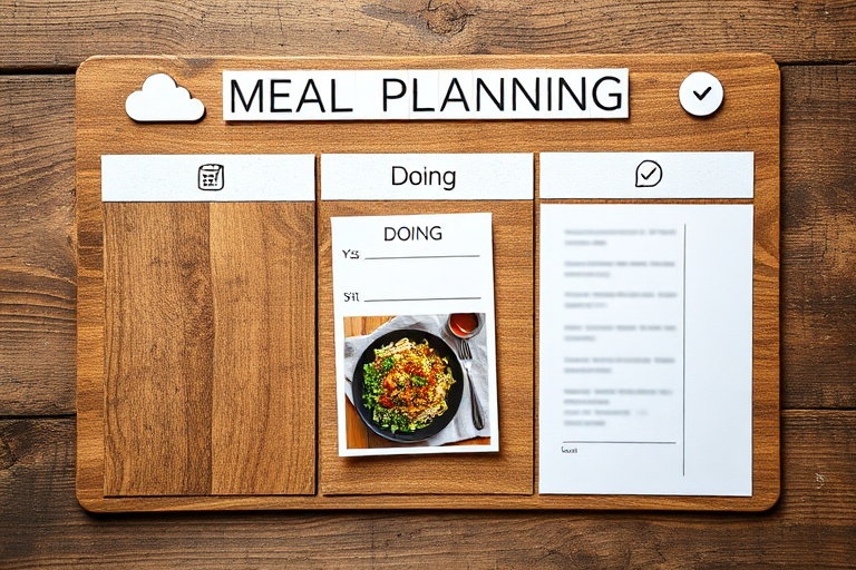 A visual Kanban-style meal planning board with recipe cards, demonstrating workflow management for dinners.