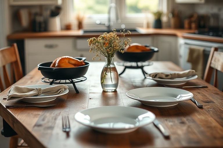 A well-set kitchen table can enhance the dining experience.
![A calm, intentionally set rustic kitchen table with a home-cooked chicken dinner, demonstrating how ambiance contributes to flavor perception.