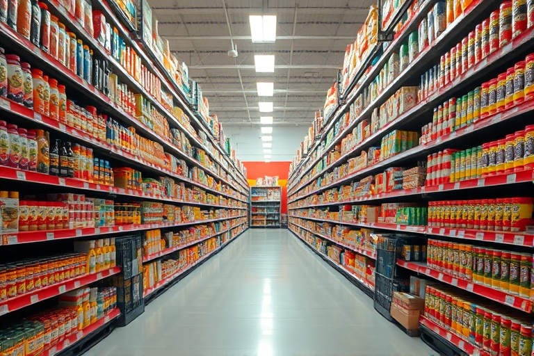 The long, overwhelming perspective of a grocery store aisle packed with over 47,000 products.