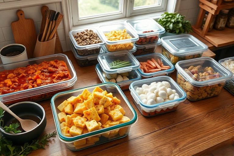 Organized meal prep station with fresh saucy dish batch cooked starches and freezer containers.
