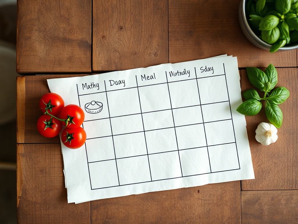 A visual weekly meal plan grid next to fresh ingredients on a rustic wooden table.