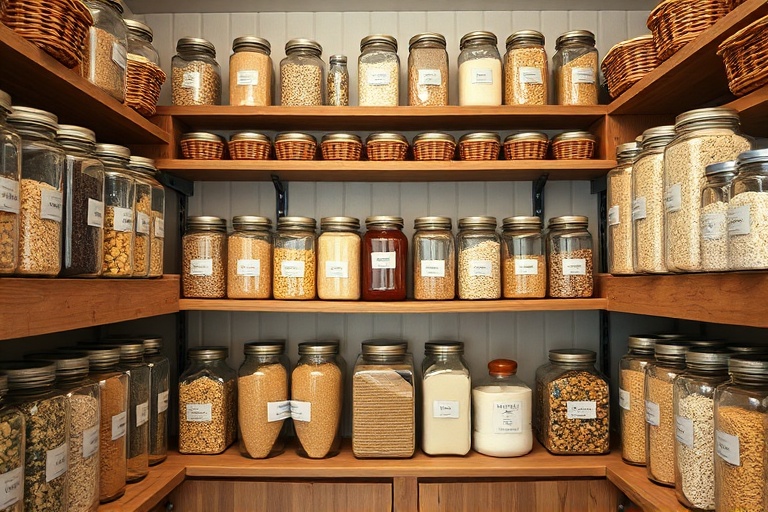A beautifully organized pantry with uniform containers, exemplifying the Lean 5S principle for kitchen efficiency.