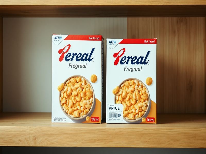 Two cereal boxes side-by-side, one normal and one subtly smaller, illustrating the concept of shrinkflation.