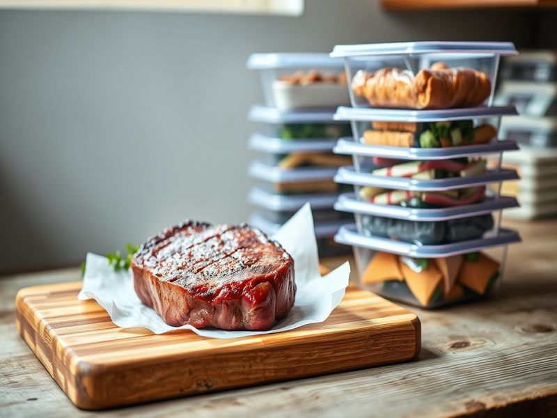 Fresh steak contrasted with frozen meal prep containers on a cutting board, illustrating mental accounting for food.