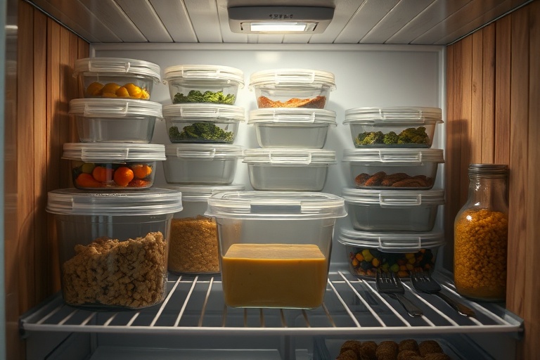 Organized freezer reserve containers representing a pooled time buffer for dinner planning.