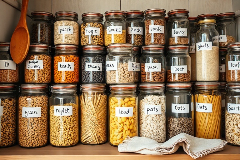 An organized kitchen shelf with neatly sorted ingredients in labeled jars, demonstrating the 5S methodology for reducing decision fatigue.