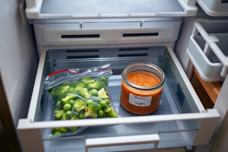 Organized freezer with frozen vegetables and a prepared meal, showcasing strategic inventory management.