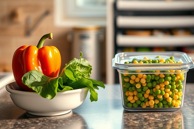 A comparison showing spoiled fresh produce next to neatly portioned frozen vegetables, reducing waste