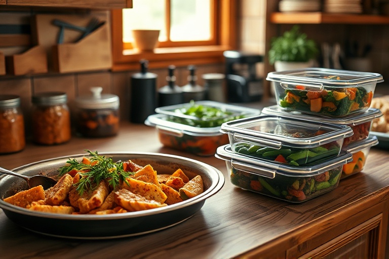 Day-two leftovers beside fresh cooked food in a warm home kitchen.