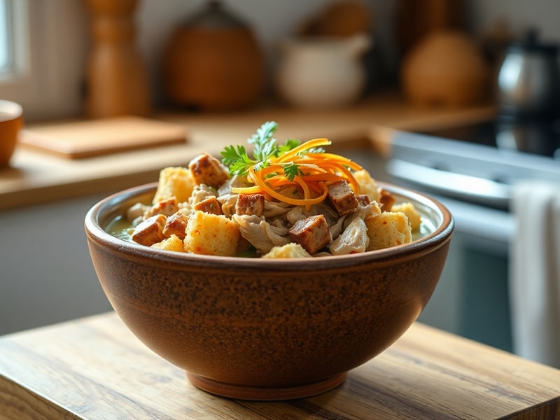 Close-up of a rustic bowl containing a soup with multiple contrasting textures: smooth liquid, crunchy croutons, tender meat, and crisp vegetables.