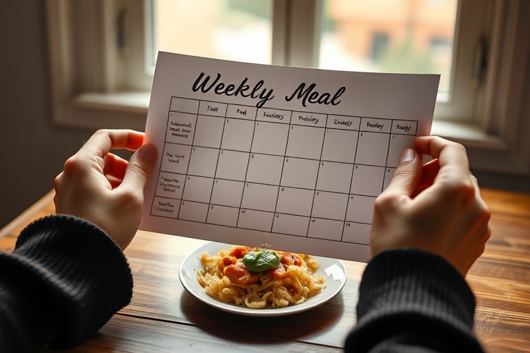 A person experiencing meal fatigue while looking at a repetitive weekly meal plan.