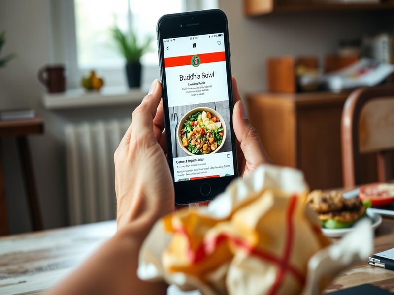 Hands holding a phone with a healthy recipe, contrasted with an unhealthy food wrapper, symbolizing the gap between aspiration and reality.