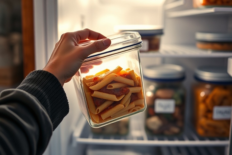Hands placing a prepared homemade frozen meal into an organized home freezer