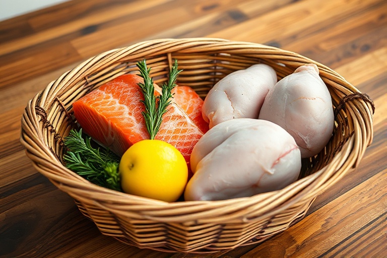 Fresh salmon fillet and chicken breasts in a market basket with rosemary and lemon