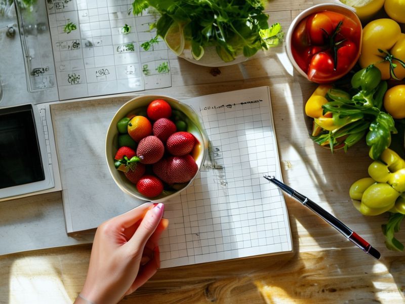 Top-down view of a weekly meal planner notebook with fresh vegetables on a kitchen counter.
