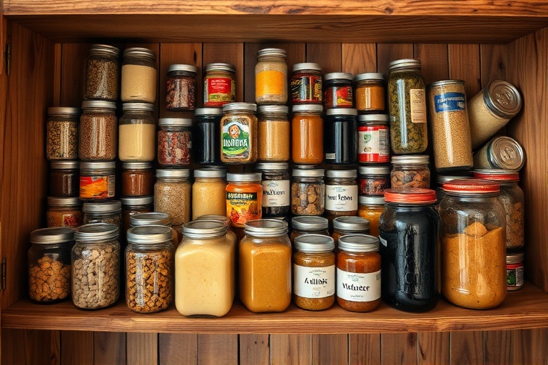 A pantry shelf organized with the FIFO (First-In-First-Out) principle for reducing food waste