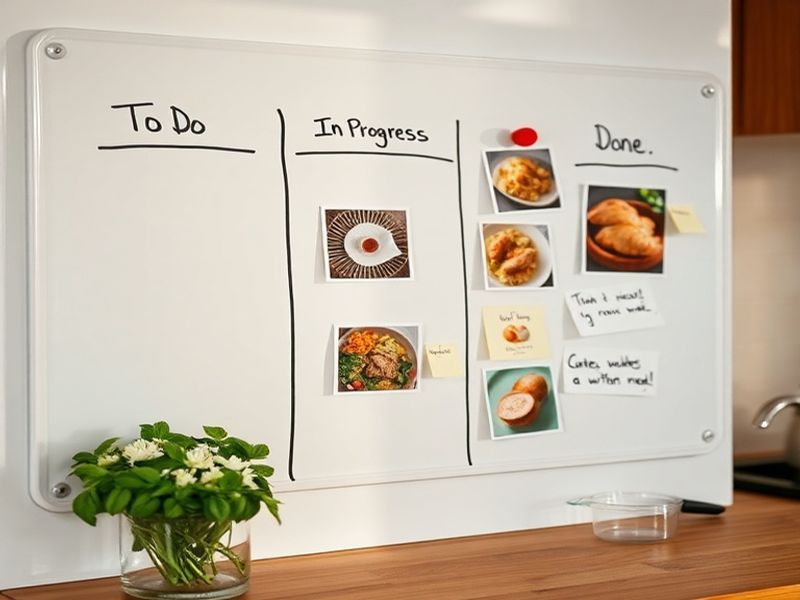 Close-up of a whiteboard Kanban system used for organizing meal plans and protein inventory.