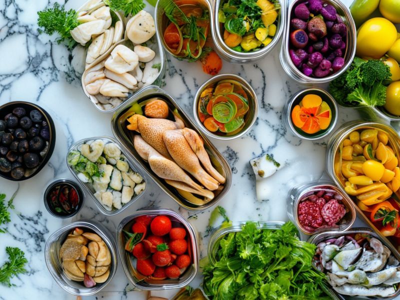 Weekly meal prep organization for GLP-1 medication users showing portion-controlled proteins and vegetables