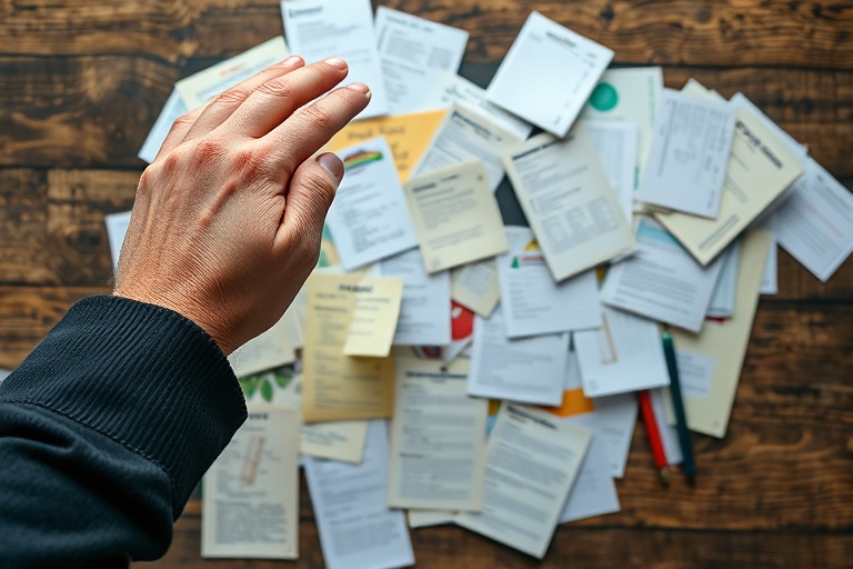 A person overwhelmed by the complexity of food decisions, surrounded by scattered notes and lists.
