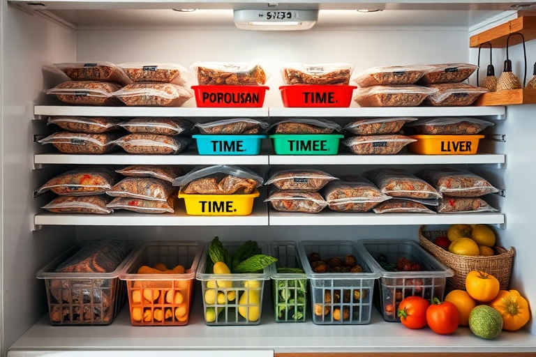 A neatly organized freezer shelf with vacuum-sealed portions, color-coded time zones, and older items rotated to the front, showing freezer-breaker rules for the 2+1 meal strategy.