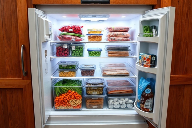 An organized, well-stocked home freezer with frozen fruits, vegetables, and prepped meals, representing a strategic nutritional buffer.