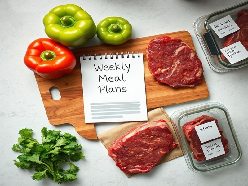 Organized weekly meal prep ingredients and labeled leftovers on a wooden counter.