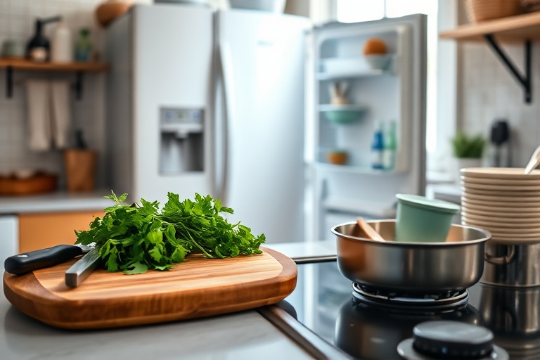 Busy home kitchen with ingredients, prep board, stovetop, and cleanup bowls illustrating hidden meal-planning time.